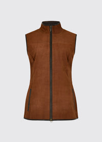 Dubarry Kingston leather gilet, the chestnut brown coloured gilet has pockets and a leather trim