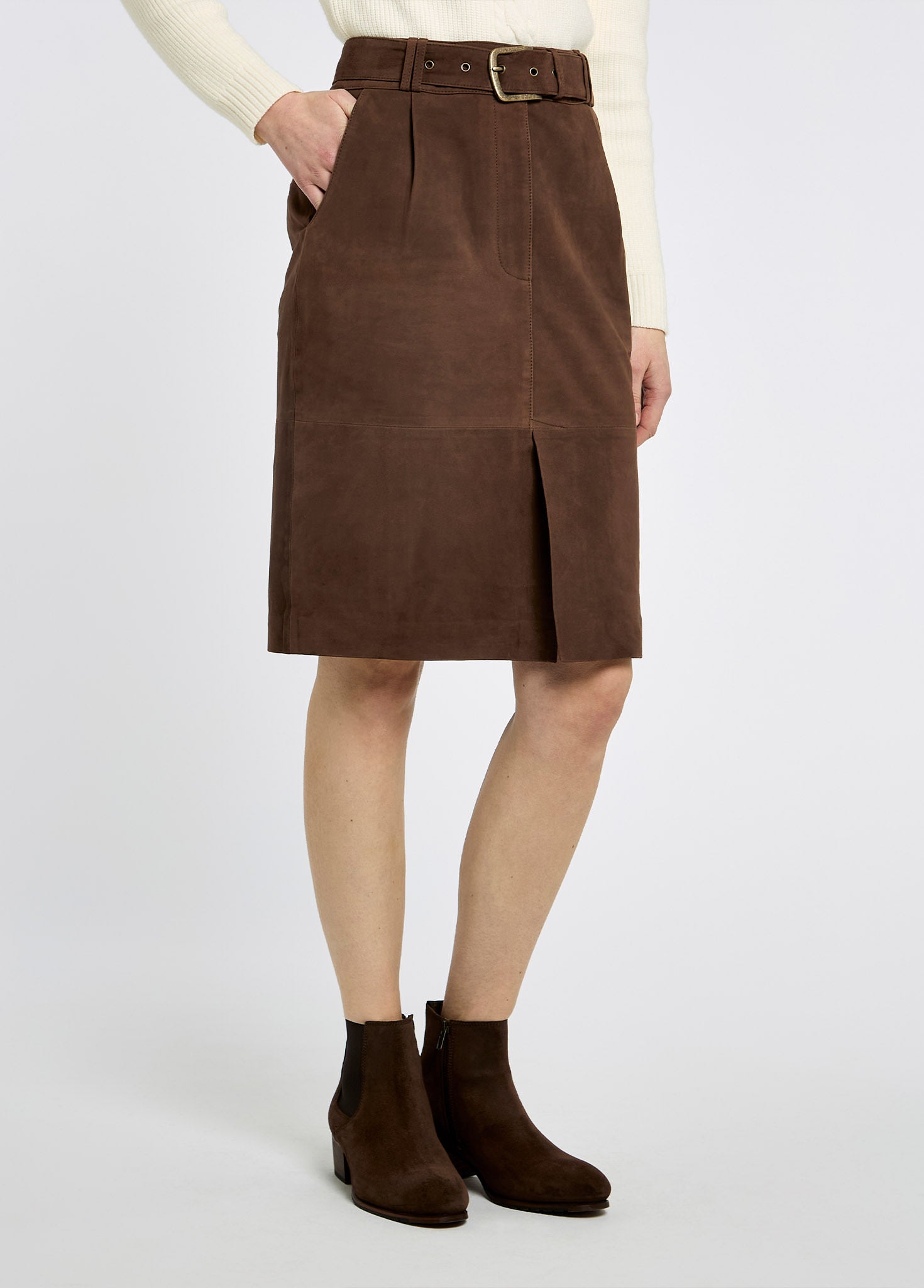 Sullivan Knee-length belted suede skirt - Walnut