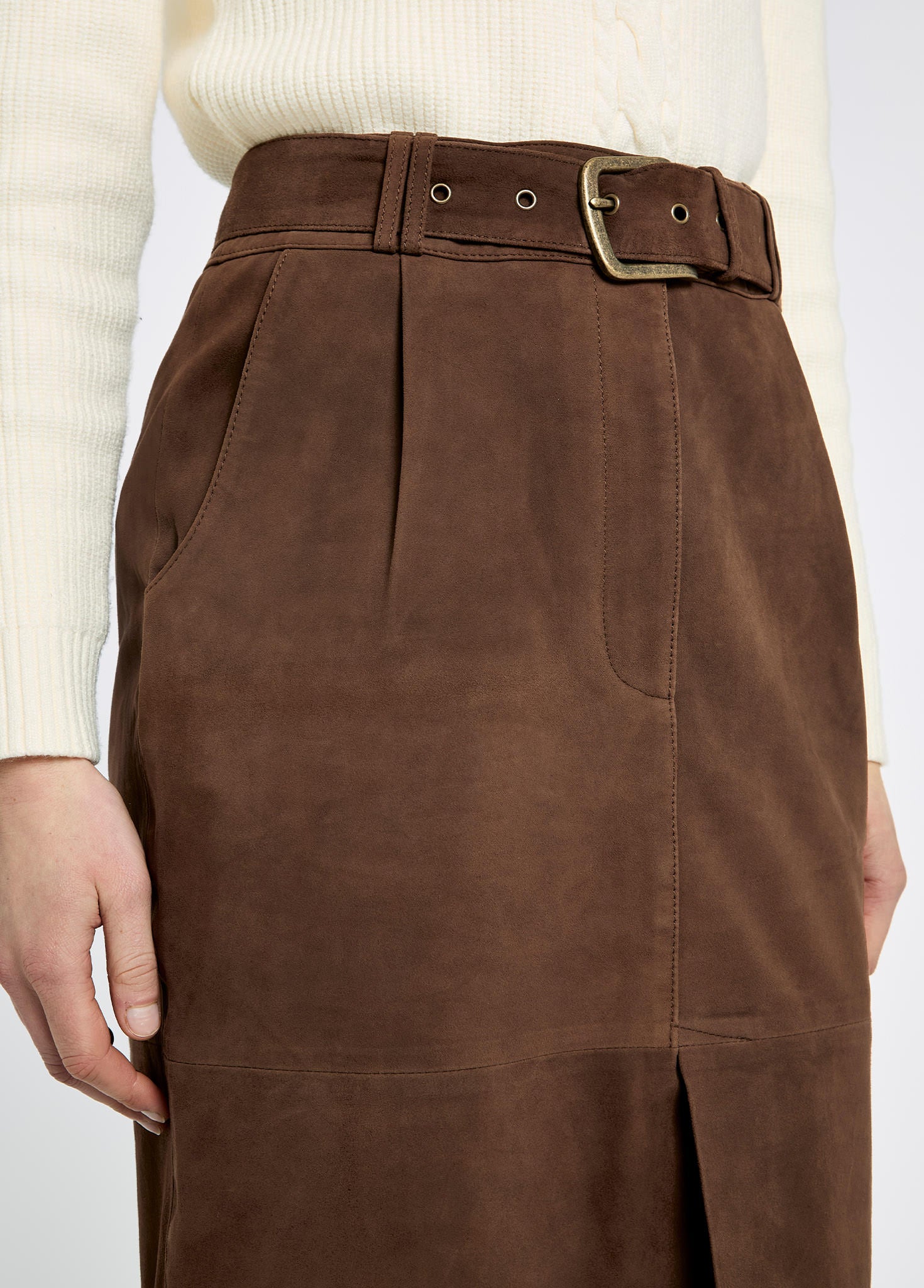 Sullivan Knee-length belted suede skirt - Walnut