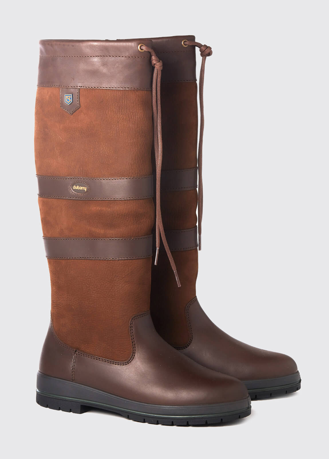 Narrower calf fitting Dubarry knee-high walnut brown leather Galway Country Boot with laced top